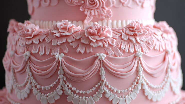 PSD primer plano de un pastel de boda rosa de tres niveles decorado con intrincados diseños florales y drapeados