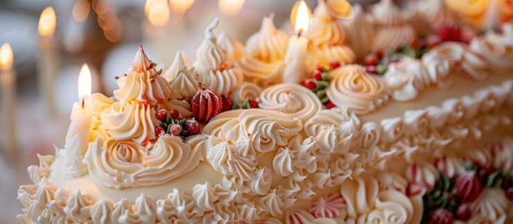 PSD un primer plano de un pastel decorado con fresa blanca bayas rojas y velas encendidas