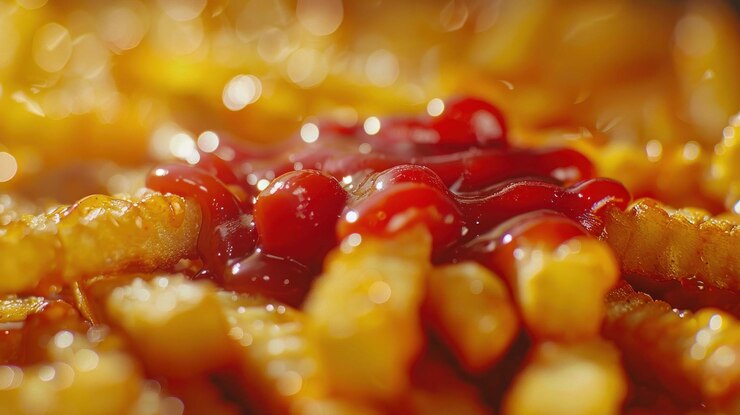 PSD primer plano de patatas fritas crujientes con ketchup
