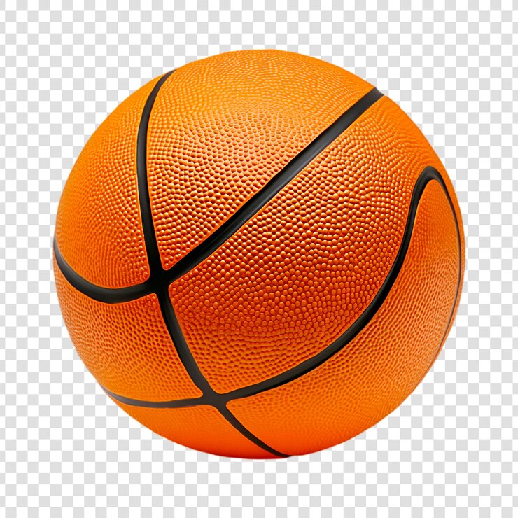 PSD primer plano de una pelota de baloncesto naranja en un fondo transparente