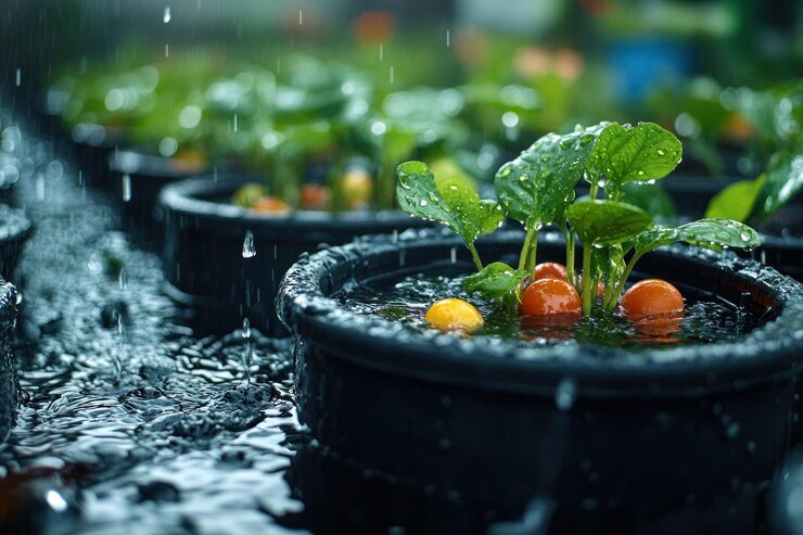 PSD un primer plano de pequeñas plantas de tomate en ollas negras siendo regadas por la lluvia