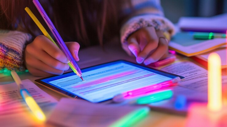 PSD un primer plano de una persona estudiando tarde en la noche en una tableta con suministros coloridos