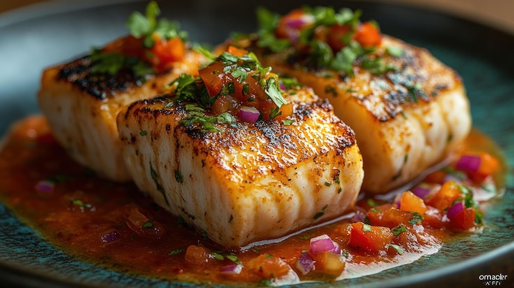 PSD un primer plano de pescado a la parrilla con salsa en un plato azul