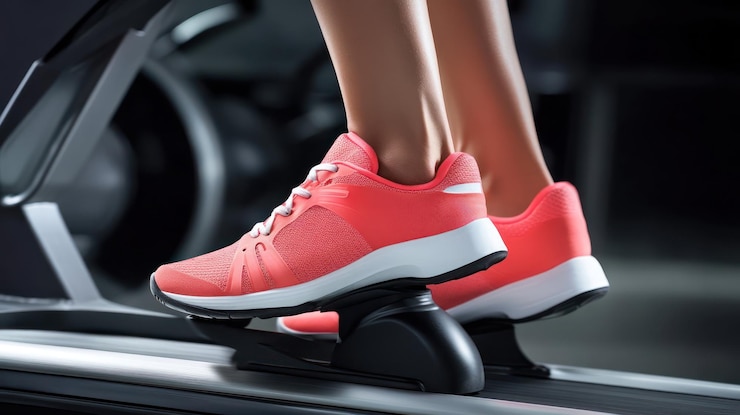 PSD un primer plano de los pies en la cinta de correr