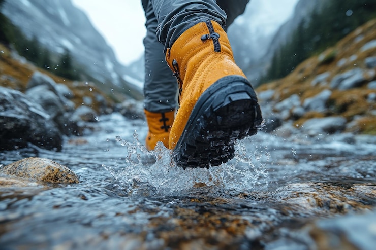 PSD un primer plano de los pies de un excursionista cruzando un arroyo en las montañas con un enfoque en el agua salpicando desde las botas