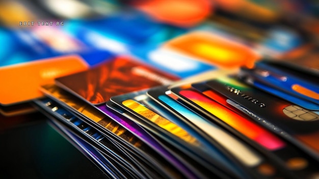 Un primer plano de una pila de tarjetas de crédito de colores que muestran varios diseños y texturas
