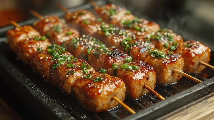 PSD un primer plano de pinzas de carne a la parrilla con semillas de sésamo y cebollas verdes en una placa caliente