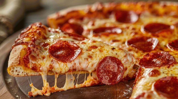 PSD un primer plano de una pizza de pepperoni con una rebanada arrancada revelando queso derretido