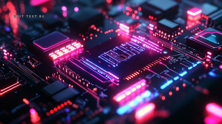 PSD un primer plano de una placa base de computadora brillante con una unidad central de procesamiento