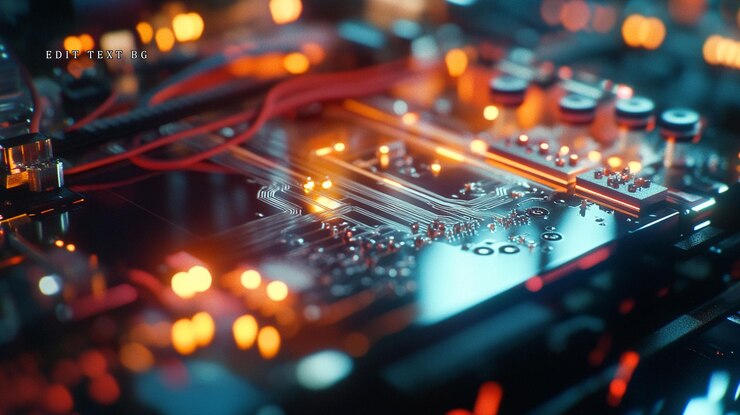 PSD primer plano de una placa de circuito iluminada con cables intrincados y componentes brillantes