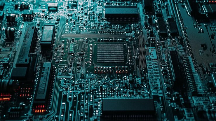 PSD primer plano de una placa de circuitos compleja con un procesador central que muestra componentes y vías electrónicas intrincadas
