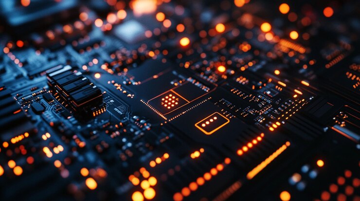 PSD primer plano de una placa de circuitos iluminada con componentes brillantes
