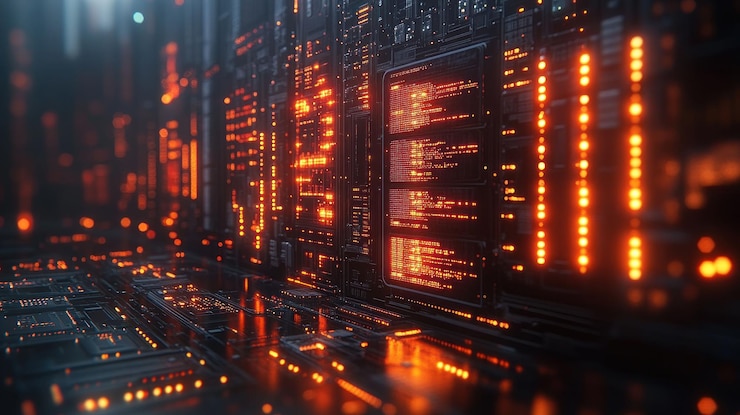 PSD un primer plano de una placa de circuitos tecnológicos futuristas brillantes con circuitos intrincados