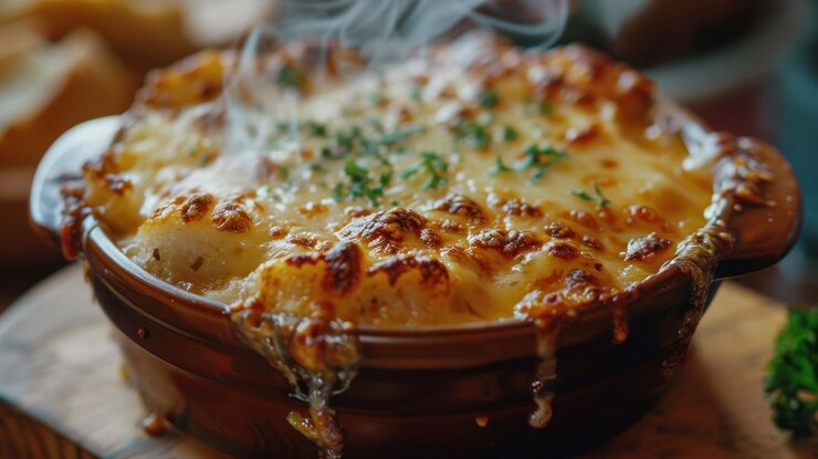 PSD un primer plano de un plato caliente humeante de macarrones y queso horneados con queso derretido y perejil fresco en un plato de cerámica marrón
