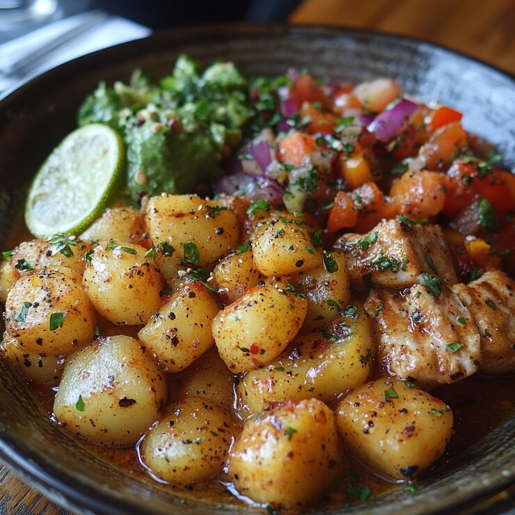 PSD un primer plano de un plato de comida con patatas de pescado a la parrilla, aguacate y pico de gallo