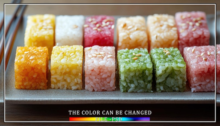 PSD un primer plano de un plato de cubos de arroz pegajosos de colores
