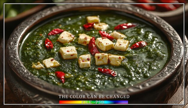 Primer plano de un plato de espinaca verde y curry paneer con pimientos chili