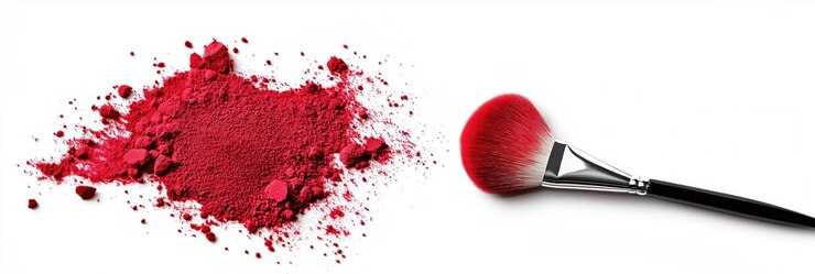 Primer plano de polvo de maquillaje rojo y pincel en superficie gris color rojo vibrante esparcido a través