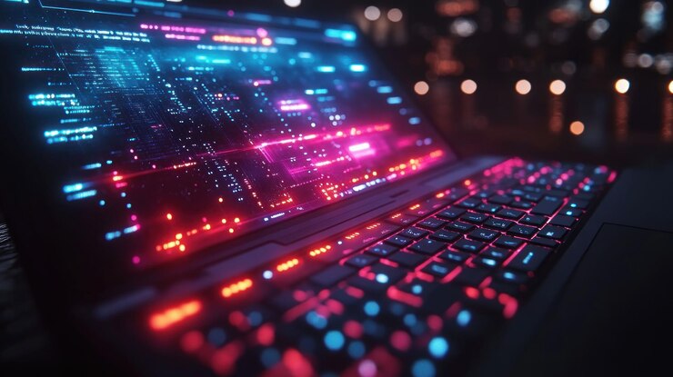 PSD un primer plano de un portátil con una pantalla brillante que muestra datos digitales y código el teclado está retroiluminado en rojo y azul el portátil está en una habitación débilmente iluminada con un horizonte borroso de la ciudad en el fondo