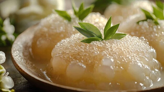 Primer plano de un postre dulce hecho con perlas de tapioca sago y jalea blanca adornada con hojas verdes servido en un plato de madera