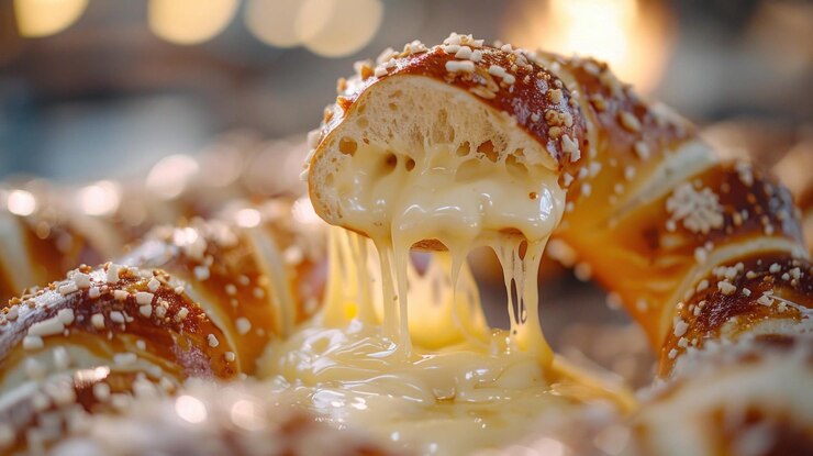 PSD un primer plano de un pretzel suave sumergido en queso derretido con cadenas de queso goteando del pretzel