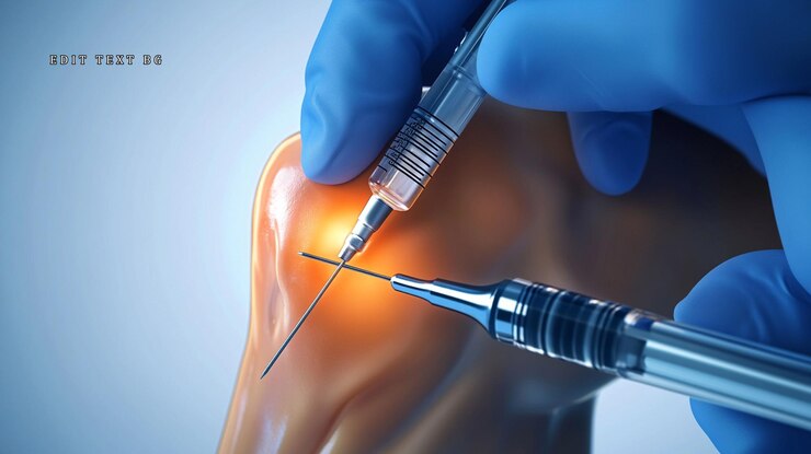 PSD primer plano de un procedimiento médico que inyecta una articulación de la rodilla