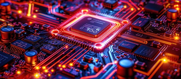 PSD primer plano de un procesador de computadora con circuitos brillantes rojos y azules