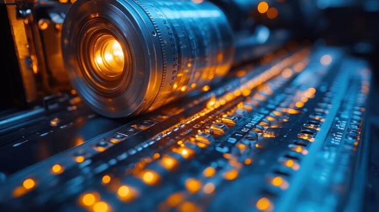 PSD un primer plano de un proyector de películas vintage con una lente brillante