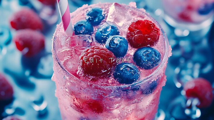 PSD un primer plano de un refrescante cóctel de bayas rosas con frambuesas y arándanos con hielo y una pajita a rayas