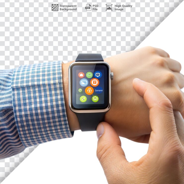 PSD primer plano de un reloj inteligente que revisa la mano y muestra varias aplicaciones que muestran tecnología portátil