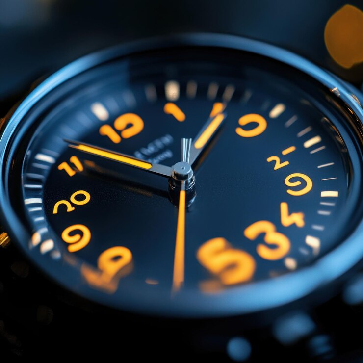PSD primer plano de un reloj de pulsera clásico con números naranjas y manillas luminosas sobre un fondo negro