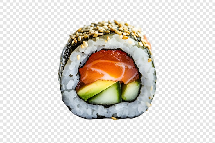 PSD primer plano de un rollo de sushi de salmón con pepino y semillas de sésamo sobre un fondo transparente