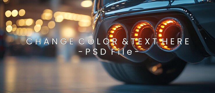 PSD primer plano de un sistema de escape de automóviles con luces iluminadas