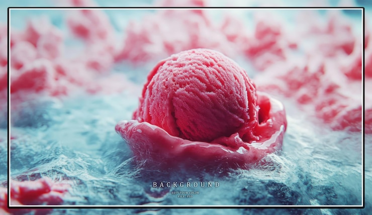 PSD primer plano de una sola cuchara de helado rosa en un lecho de hielo seco con otras cucharas en el fondo