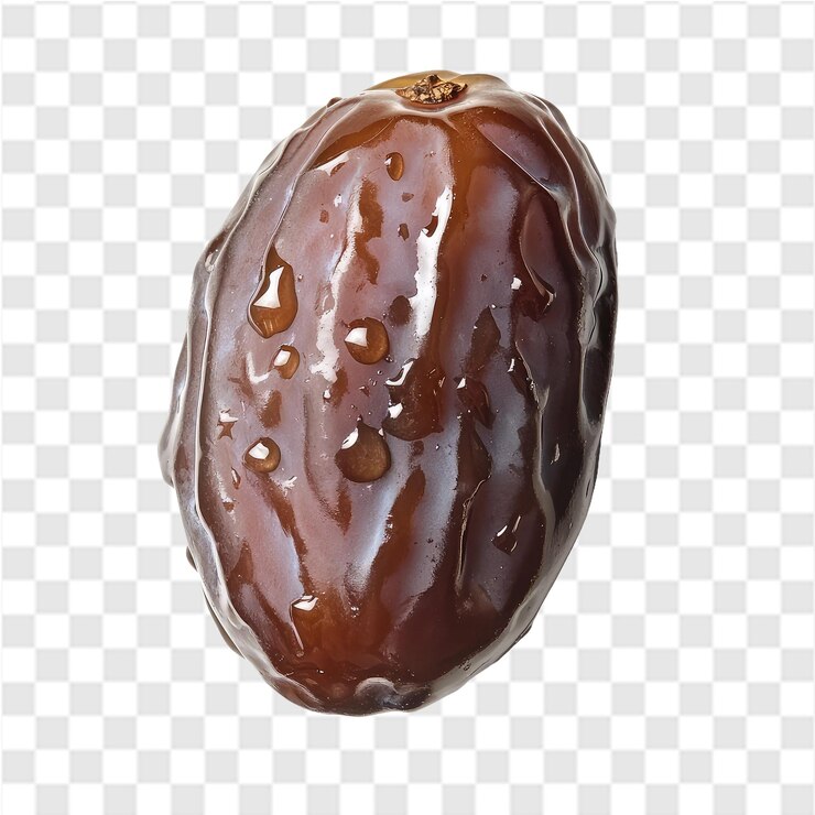 PSD un primer plano de una sola fruta de dátiles que brilla con gotas de agua
