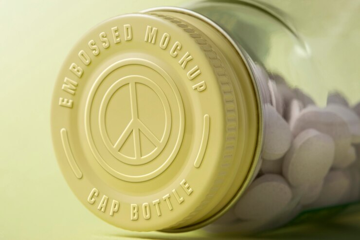 PSD primer plano de tapa de botella con efecto de logotipo