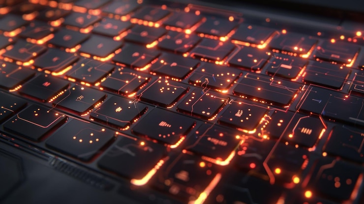 PSD un primer plano de un teclado de computadora futurista brillante con líneas de circuito naranja