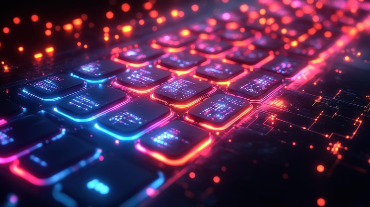 PSD primer plano de un teclado futurista brillante con luces rojas y azules