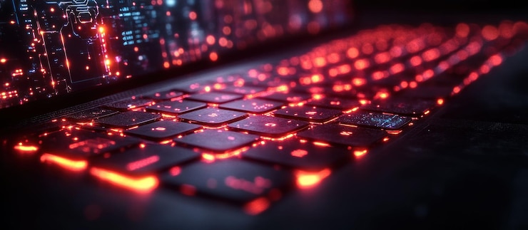 PSD un primer plano de un teclado de portátil retroiluminado de color rojo brillante