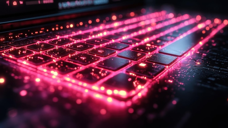 PSD un primer plano de un teclado rosado brillante de una computadora portátil