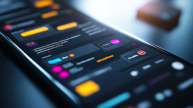 Primer plano de un teléfono inteligente que muestra una interfaz de aplicación colorida con varios elementos, incluidos botones de notificaciones y menús