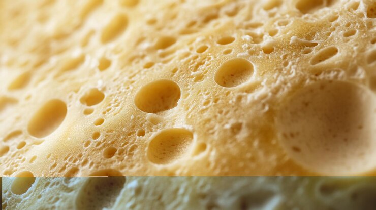 PSD primer plano de una textura porosa de color amarillo pálido que se asemeja al queso o a la esponja