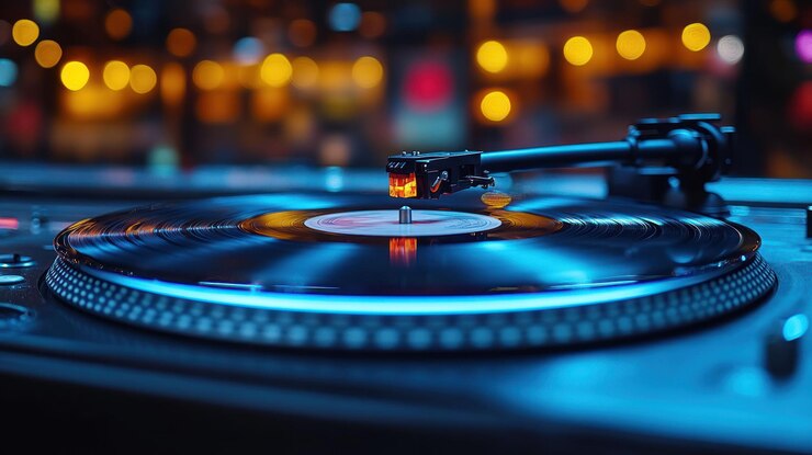 PSD un primer plano de un tocadiscos con una aguja que reproduce un disco de vinilo el tocadescos está iluminado con luz azul y está enfocado mientras que el fondo está desenfocado y lleno de luces amarillas cálidas