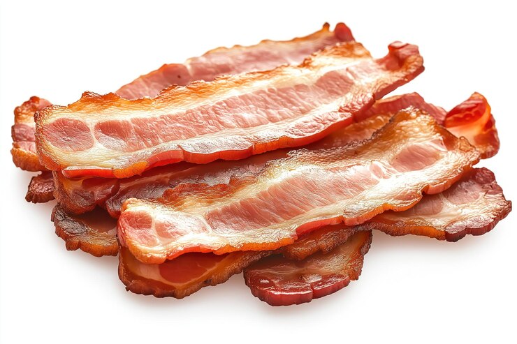 PSD primer plano de tocino cocido en patrón de abanico con bordes rizados de color marrón rico en tonos rojos vibrantes