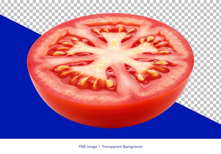 PSD primer plano de un tomate rojo cortado que revela las semillas y la carne jugosa aisladas en un fondo transparente