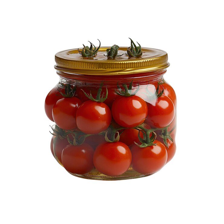 PSD un primer plano de los tomates de cereza en un frasco de vidrio