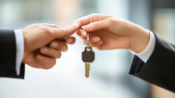 PSD primer plano de una transacción inmobiliaria una mujer entregando las llaves de la casa a un hombre