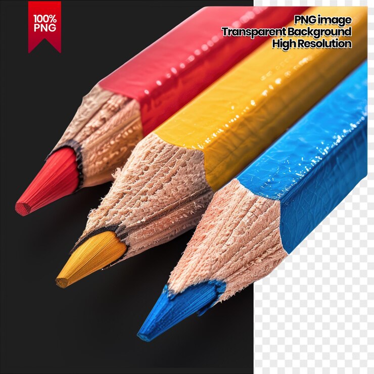 PSD un primer plano de tres lápices de color afilados sobre un fondo transparente