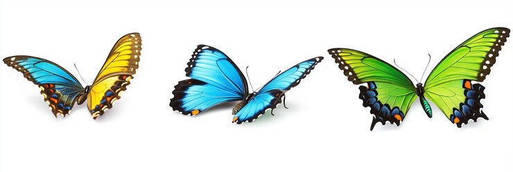 Primer plano de tres mariposas coloridas con patrones únicos Mariposas verdes azules y amarillas