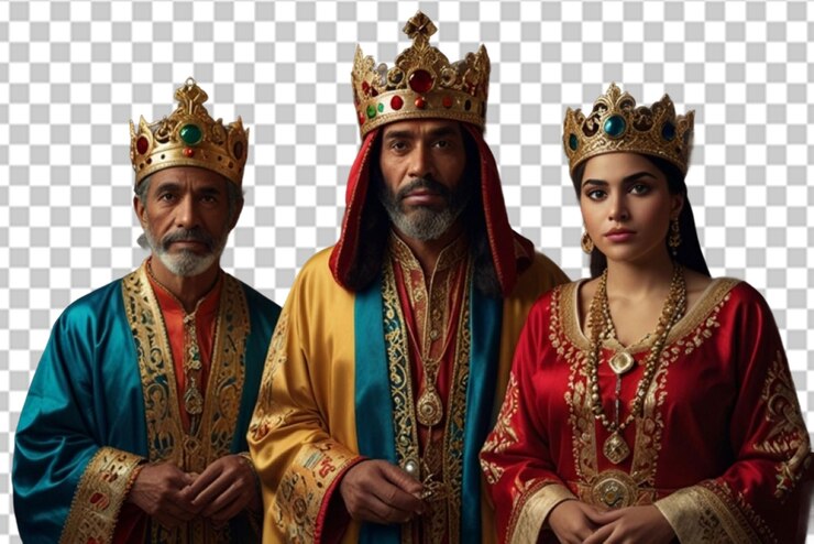 PSD primer plano de los tres reyes con un regalo de navidad